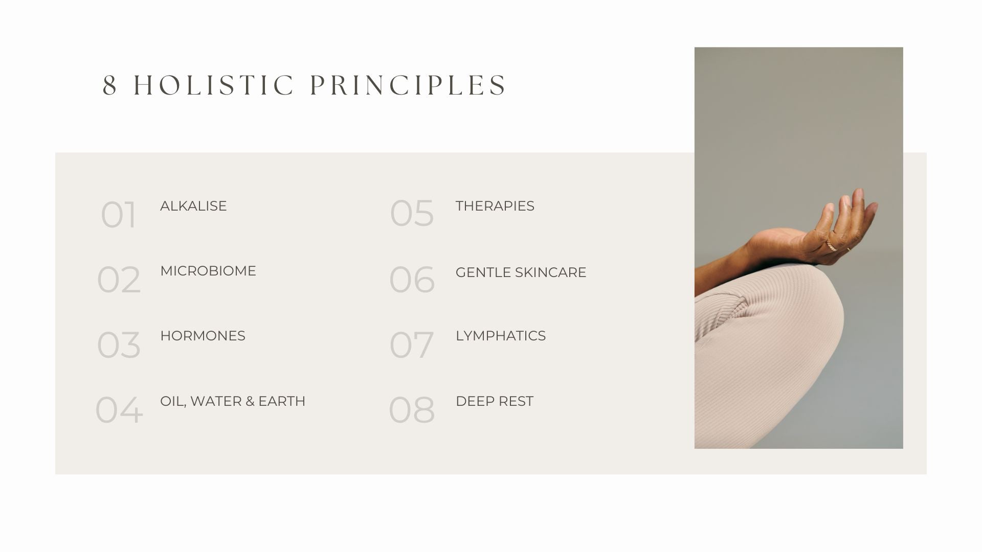 8 Holistic Principles content page including alkalise, microbiome, hormones, oil, water and earth, therapies, gentle skincare, lymphatics, and deep rest.