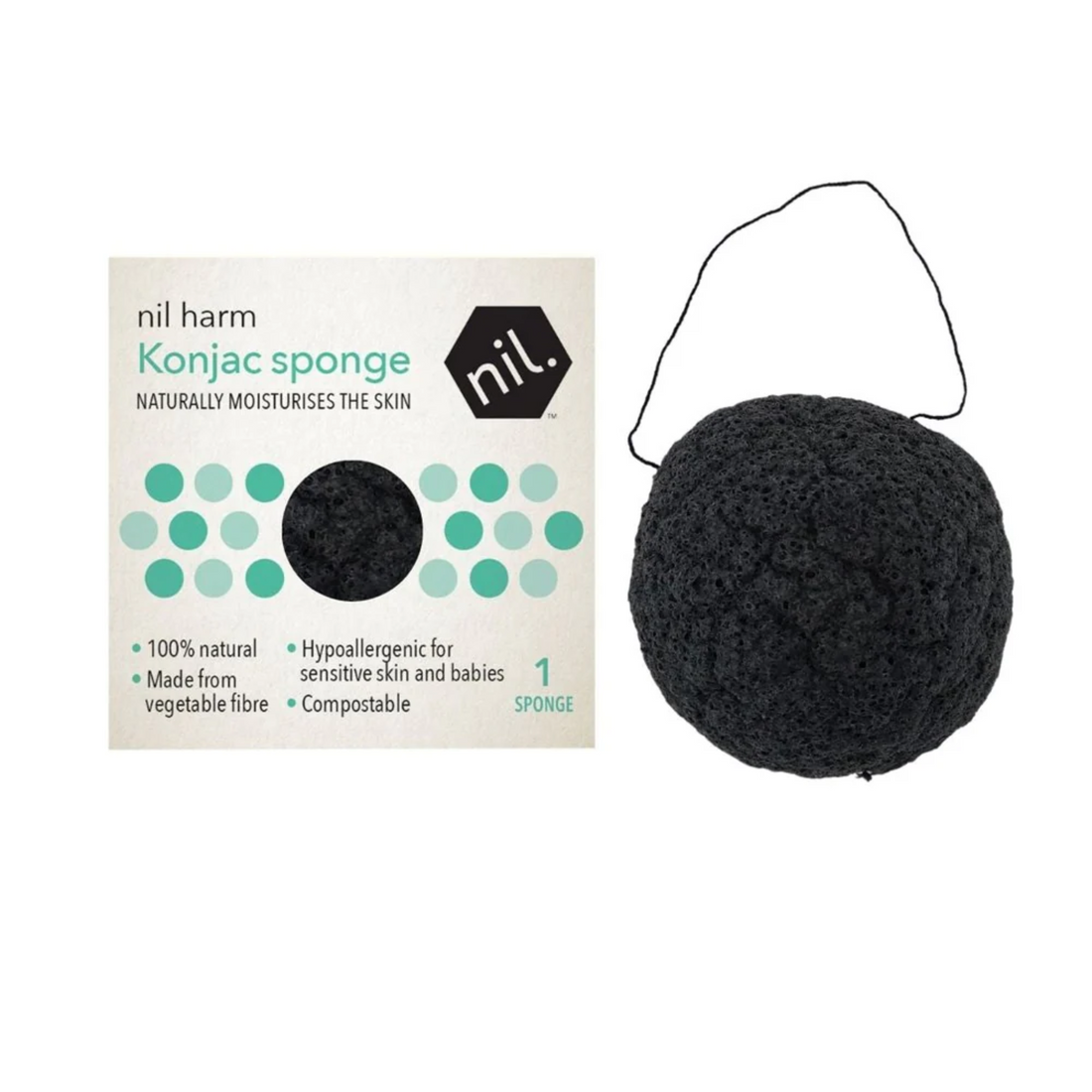 Black konjac facial cleaning sponge with box packaging on white background.