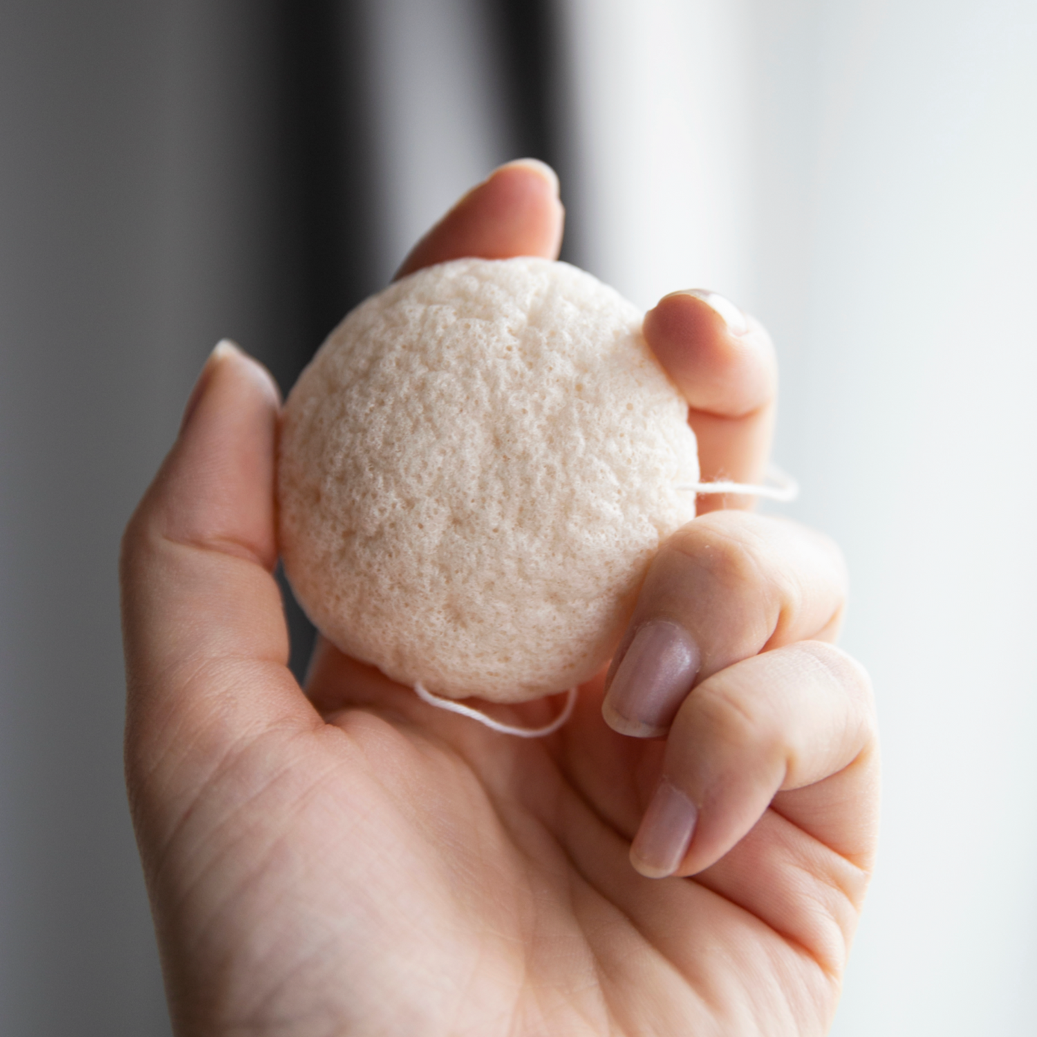 Hand holding a white konjac facial cleaning sponge.