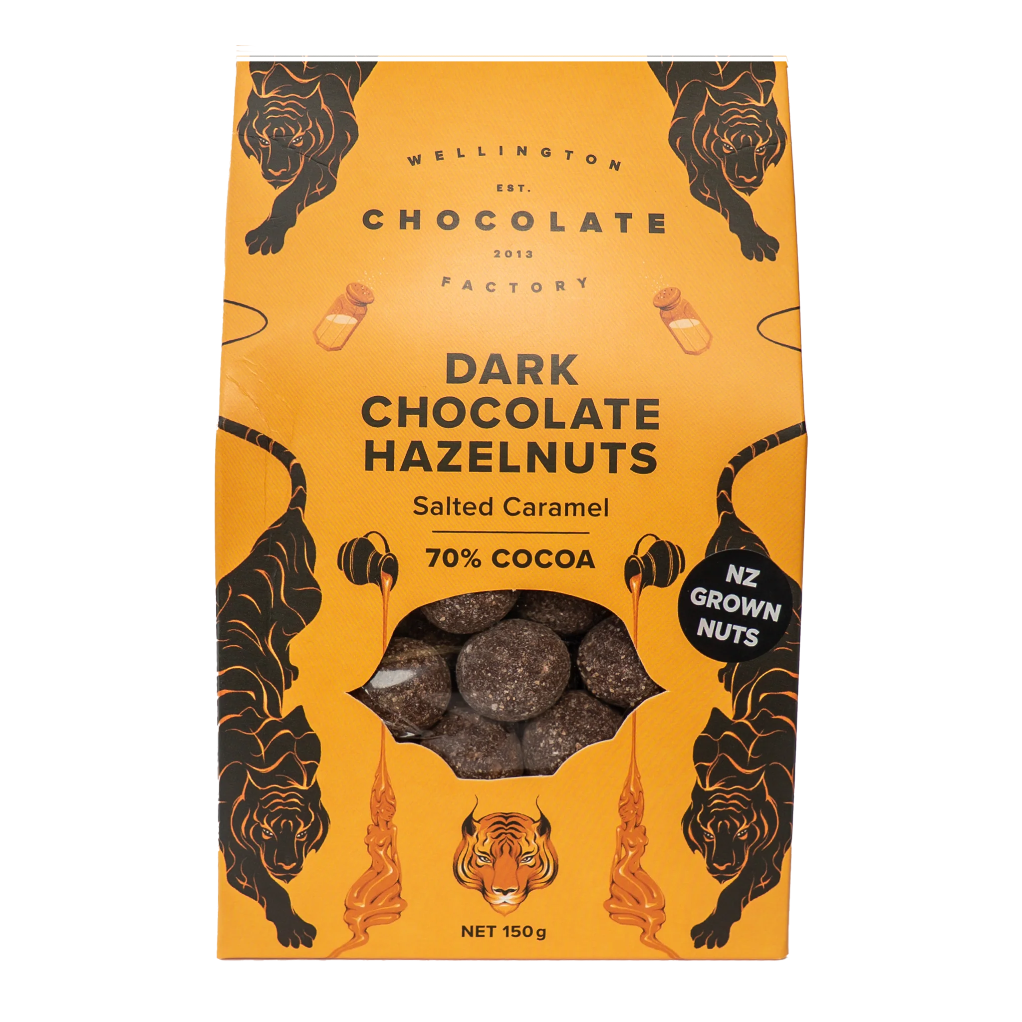 Packaging of Wellington Chocolate Factory Dark Chocolate Hazelnuts with tiger design on a white background