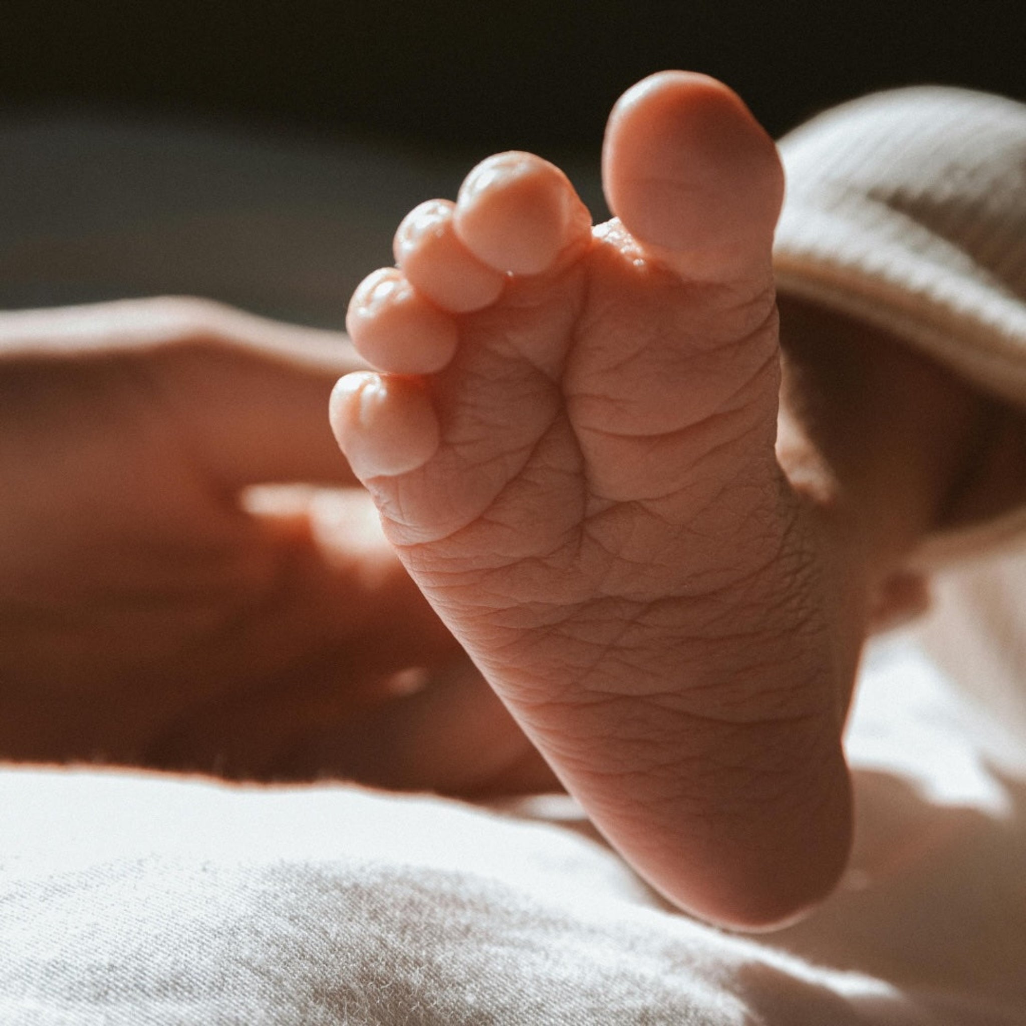 Close up of the sole of a babies foot in soft sunlight.