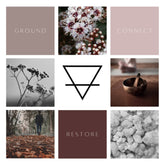 A nine grid collage of images including kānuka, everlasting, frankincense gum, and the alchemical symbol for earth in the centre.