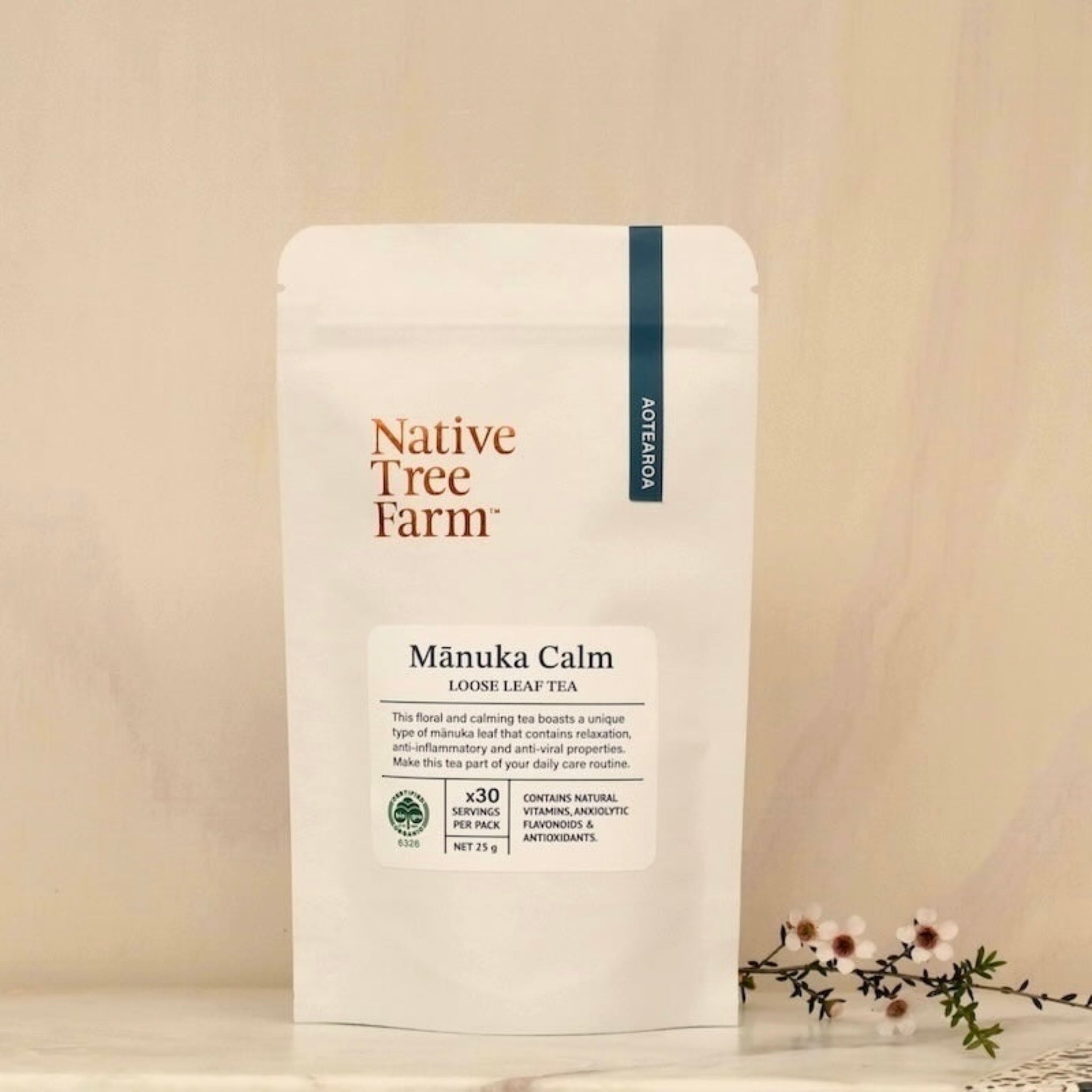 A white resealable bag of Mānuka Calm loose leaf tea by Native Tree Farm.