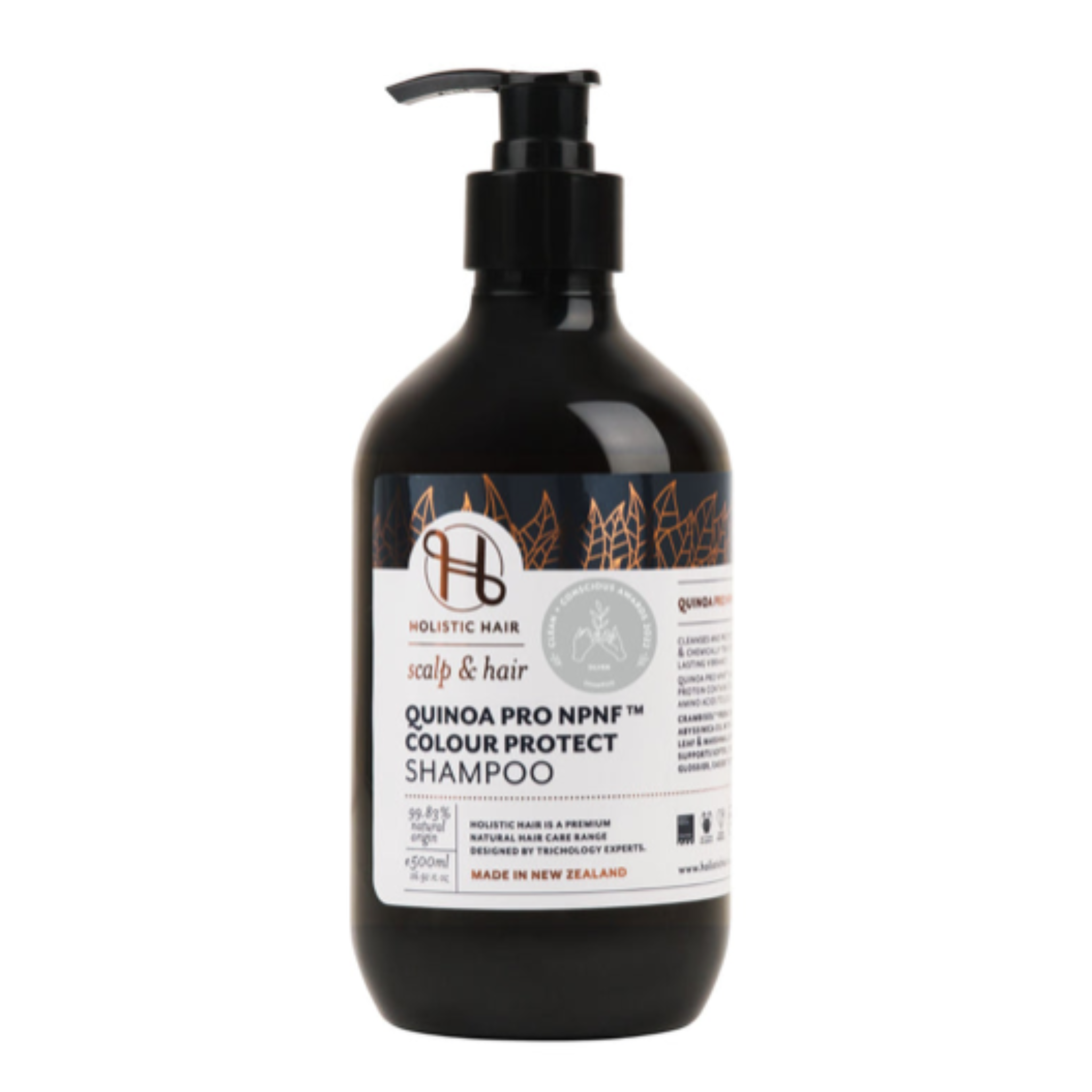 500mL brown bottle of Quinoa Shampoo by Holistic Hair.