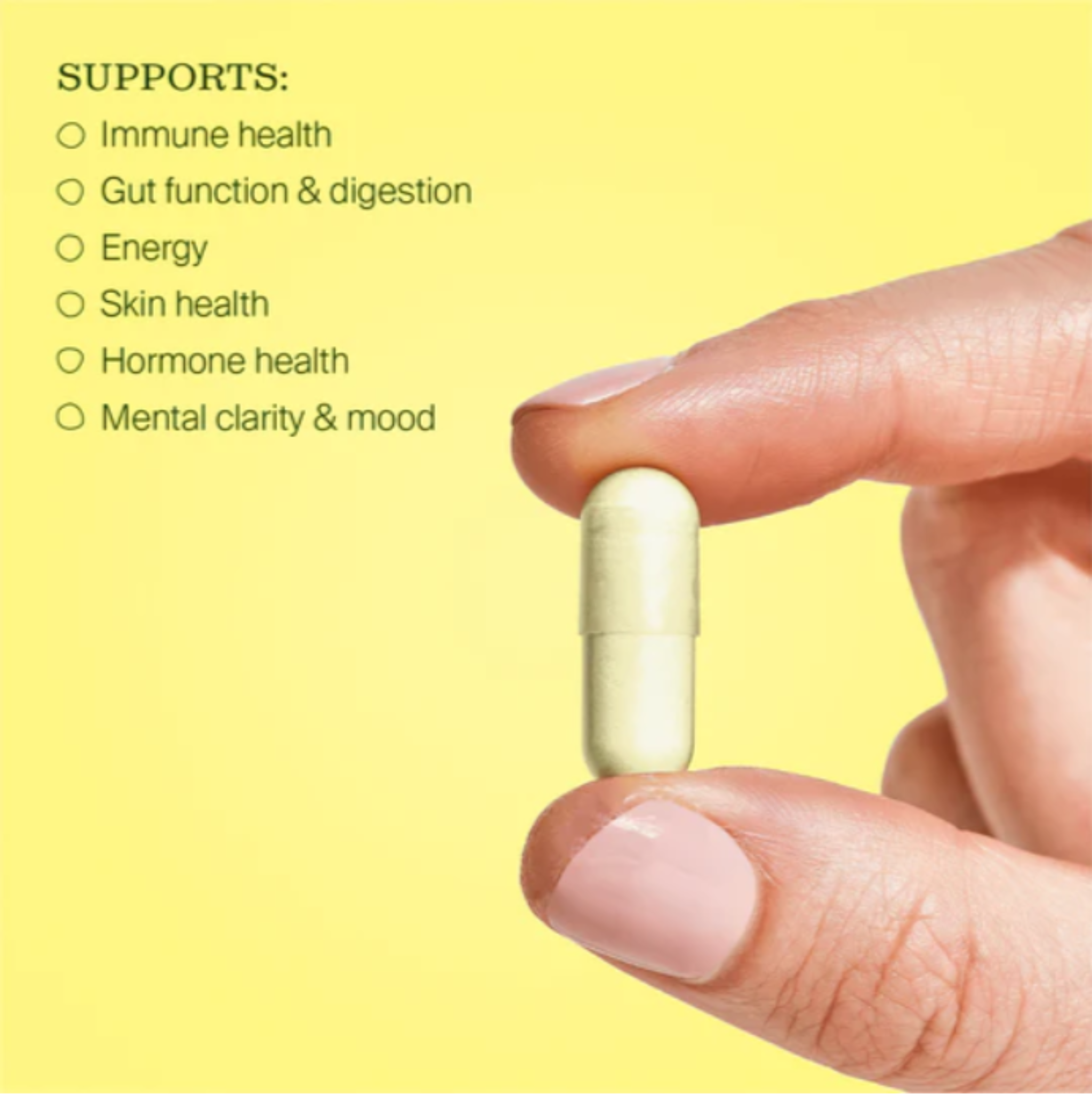 Hand holding a capsule with health benefits listed on a yellow background