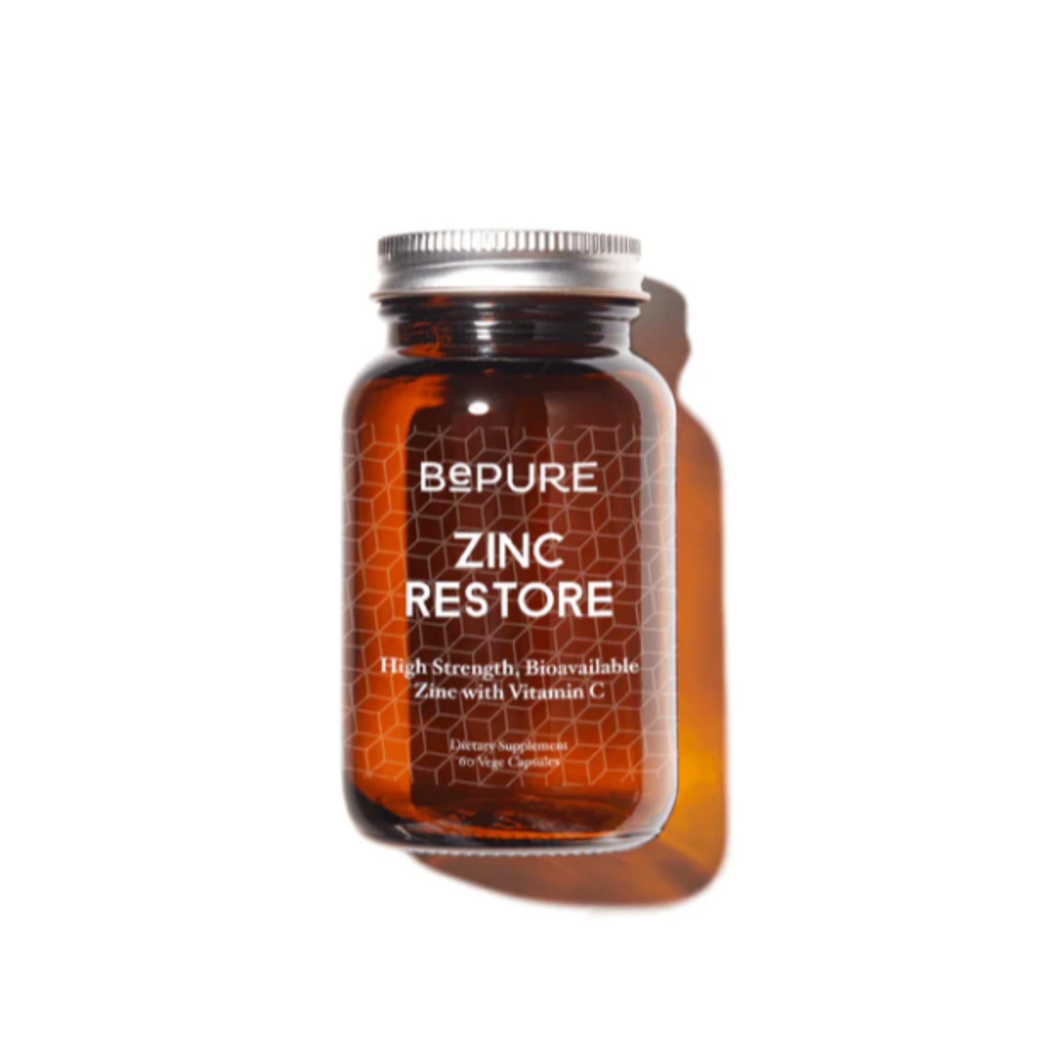 Bottle of Bepure Zinc Restore supplement in amber glass jar on a white background