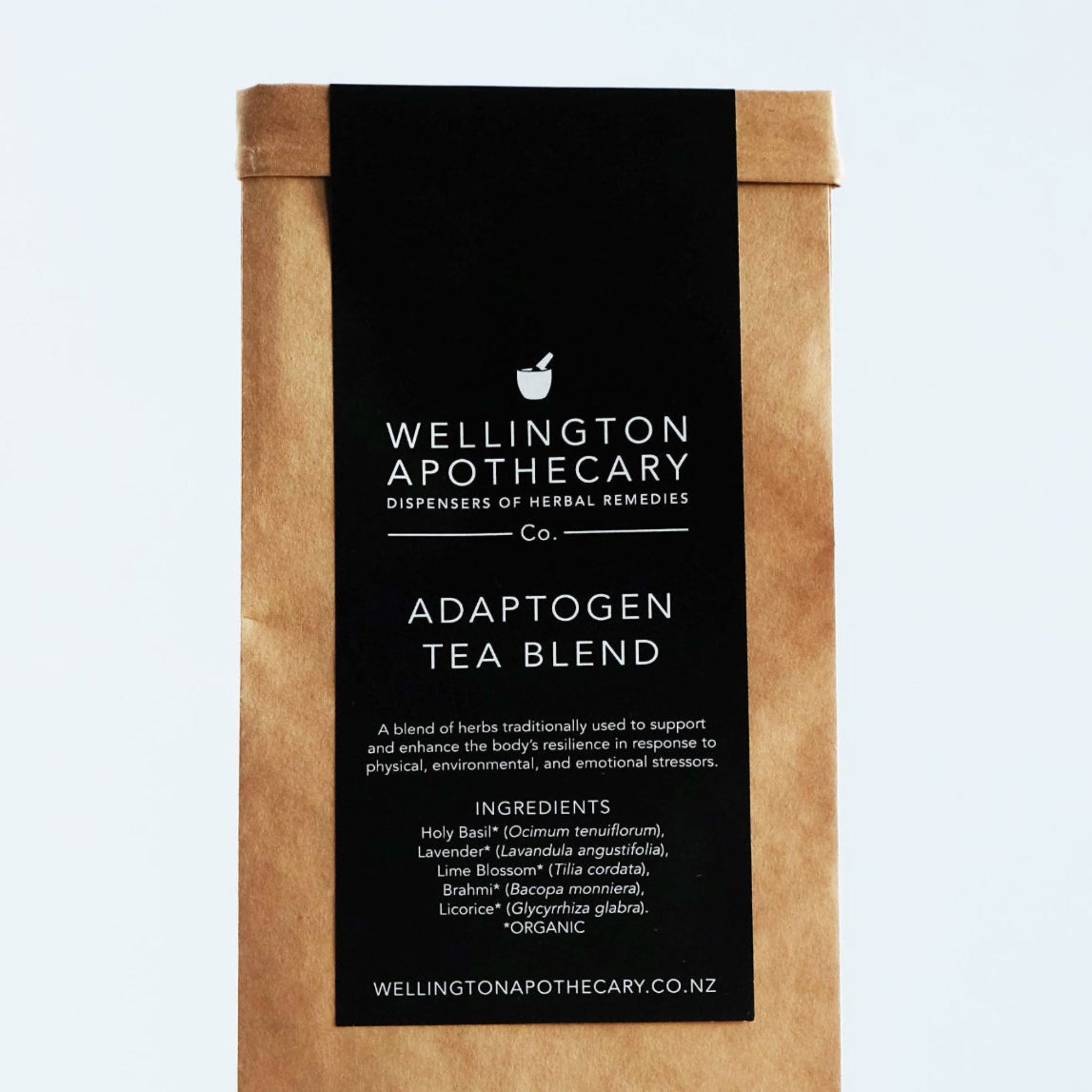 Wellington Apothecary Adaptogen Tea Blend packaging on a light gray background