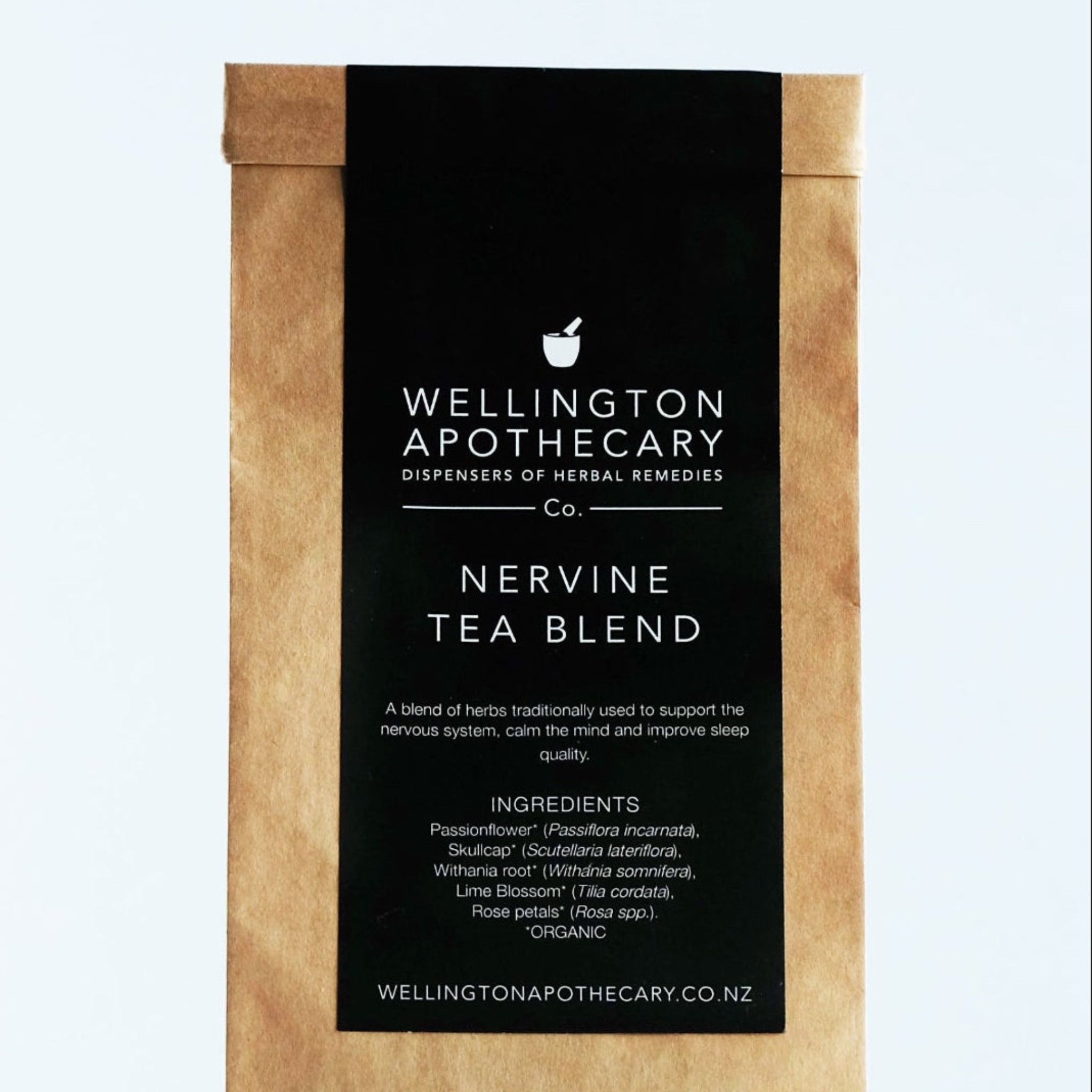 Wellington Apothecary Nervine Tea Blend packaging on a white background