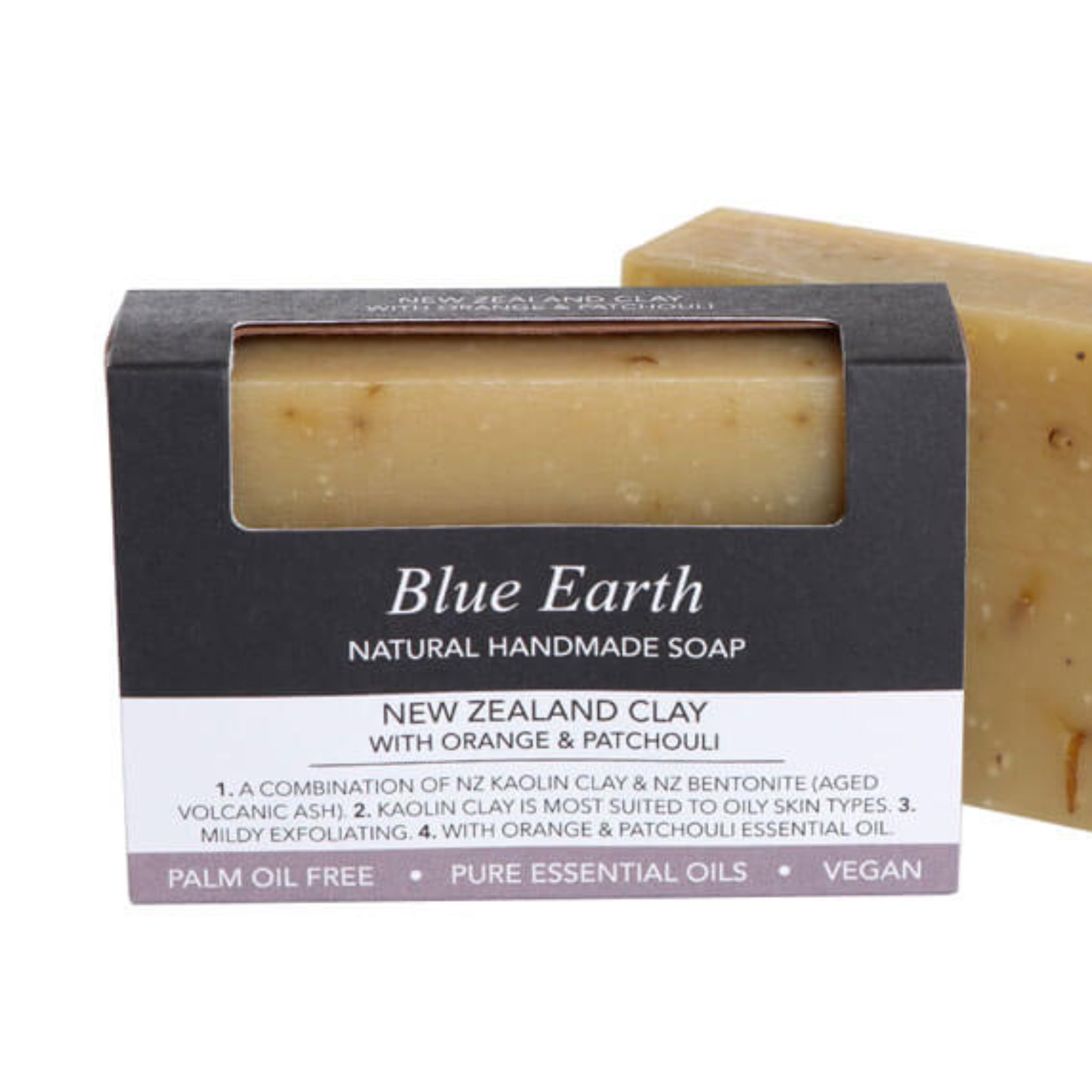 NZ Clay with orange and patchouli soap bars made by Blue Earth.