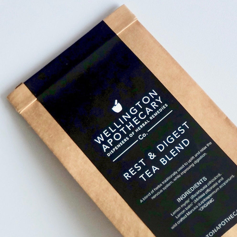 A paper bag with the Rest and Digest herbal tea blend.