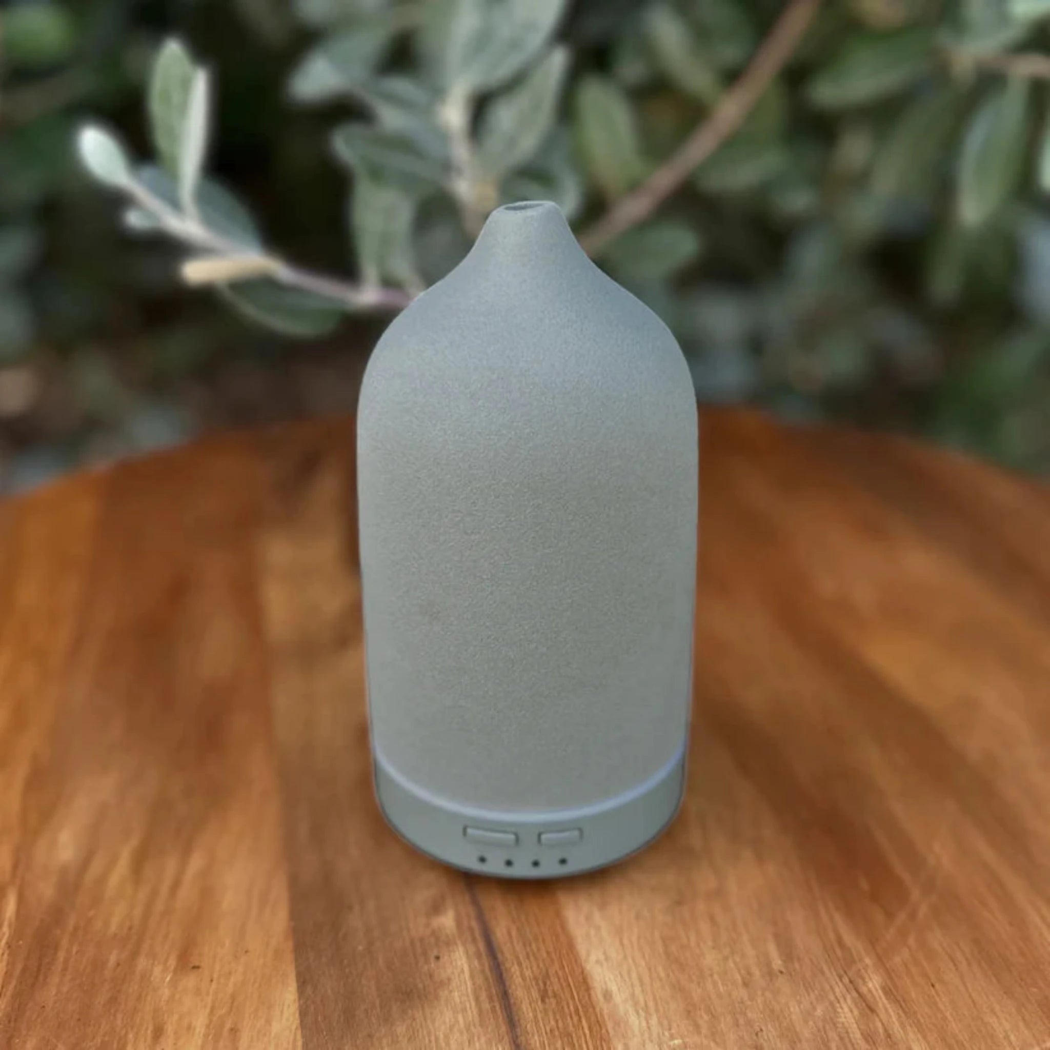 Earthy green diffuser on a wooden surface with a blurred green plant background