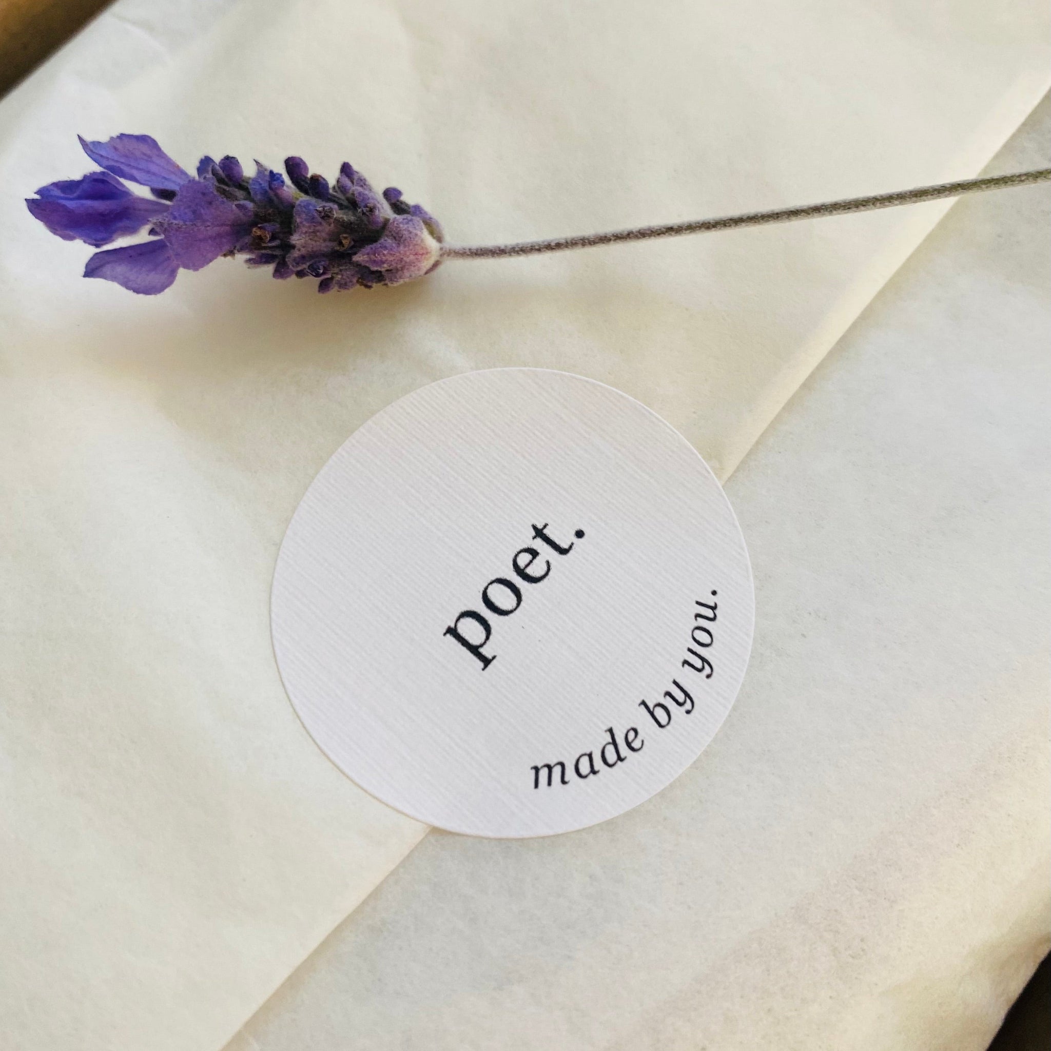 Round white label with &