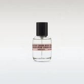 Perfume bottle with black cap and clear body on a white background