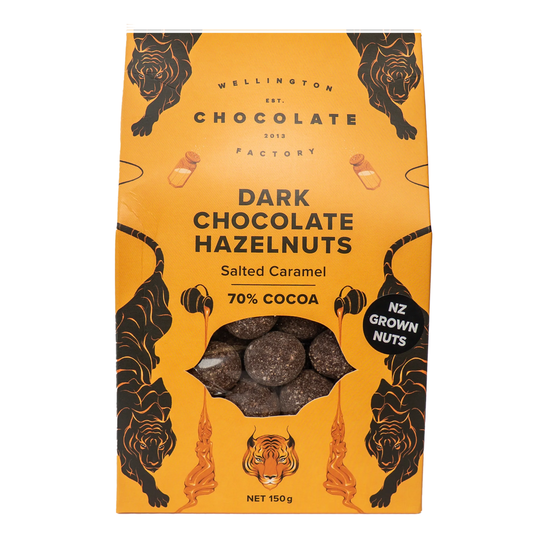 Packaging of Wellington Chocolate Factory Dark Chocolate Hazelnuts with tiger design on a white background