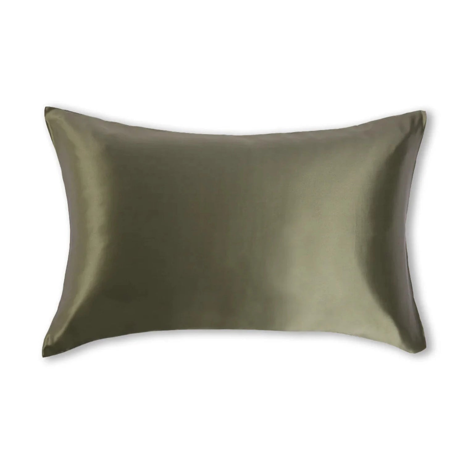 Silk pillowcase in olive green on a white background