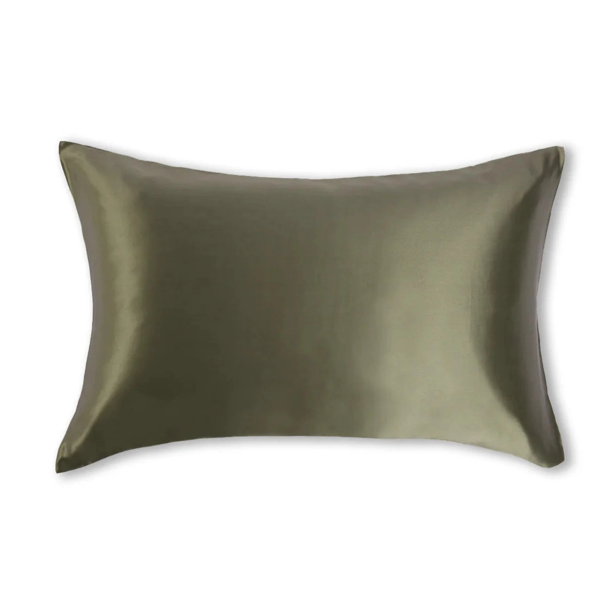 Silk pillowcase in olive green on a white background