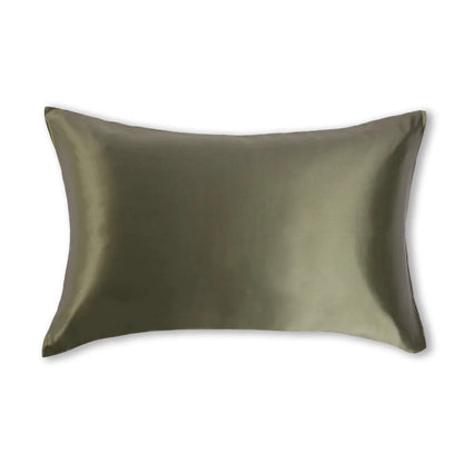 Silk pillowcase in olive green on a white background