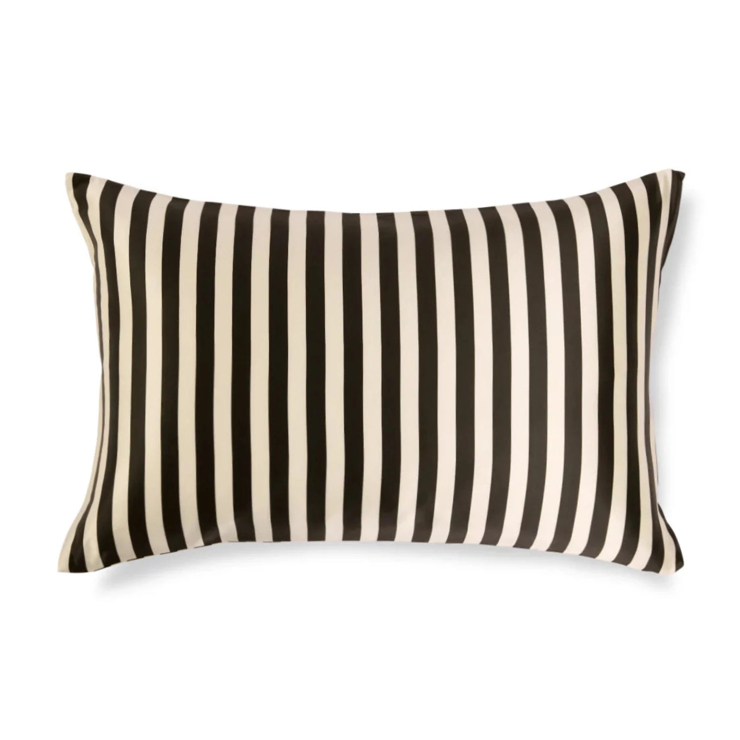 Striped pillow with black and white horizontal stripes on a white background