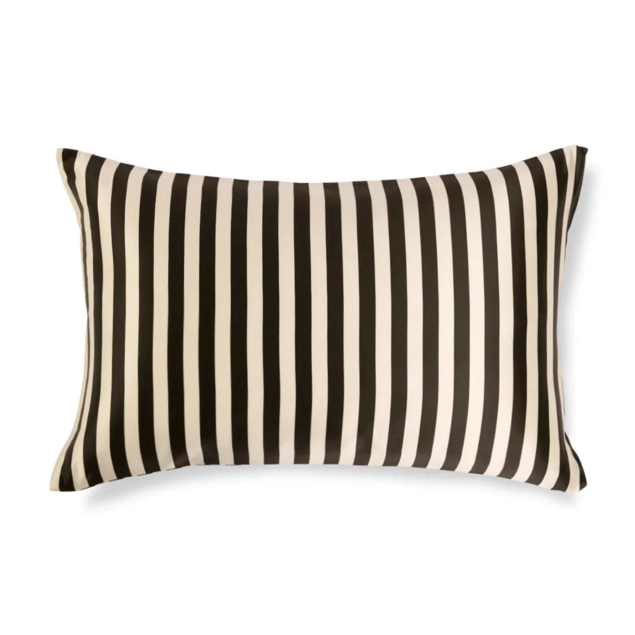 Striped pillow with black and white horizontal stripes on a white background