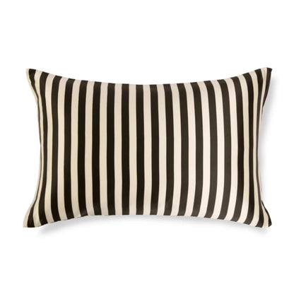 Striped pillow with black and white horizontal stripes on a white background