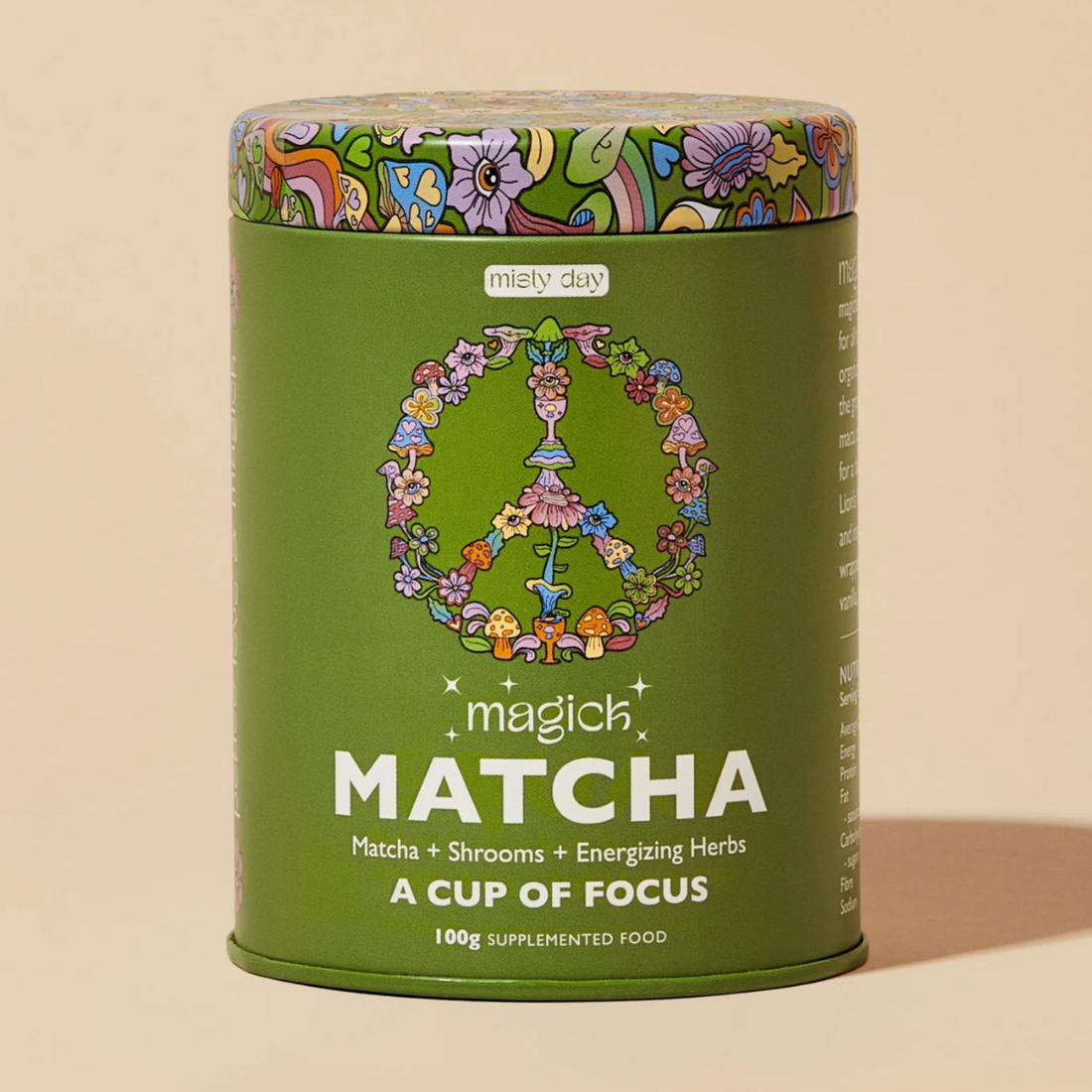A tin of Matcha blended with other herbs for focus. 