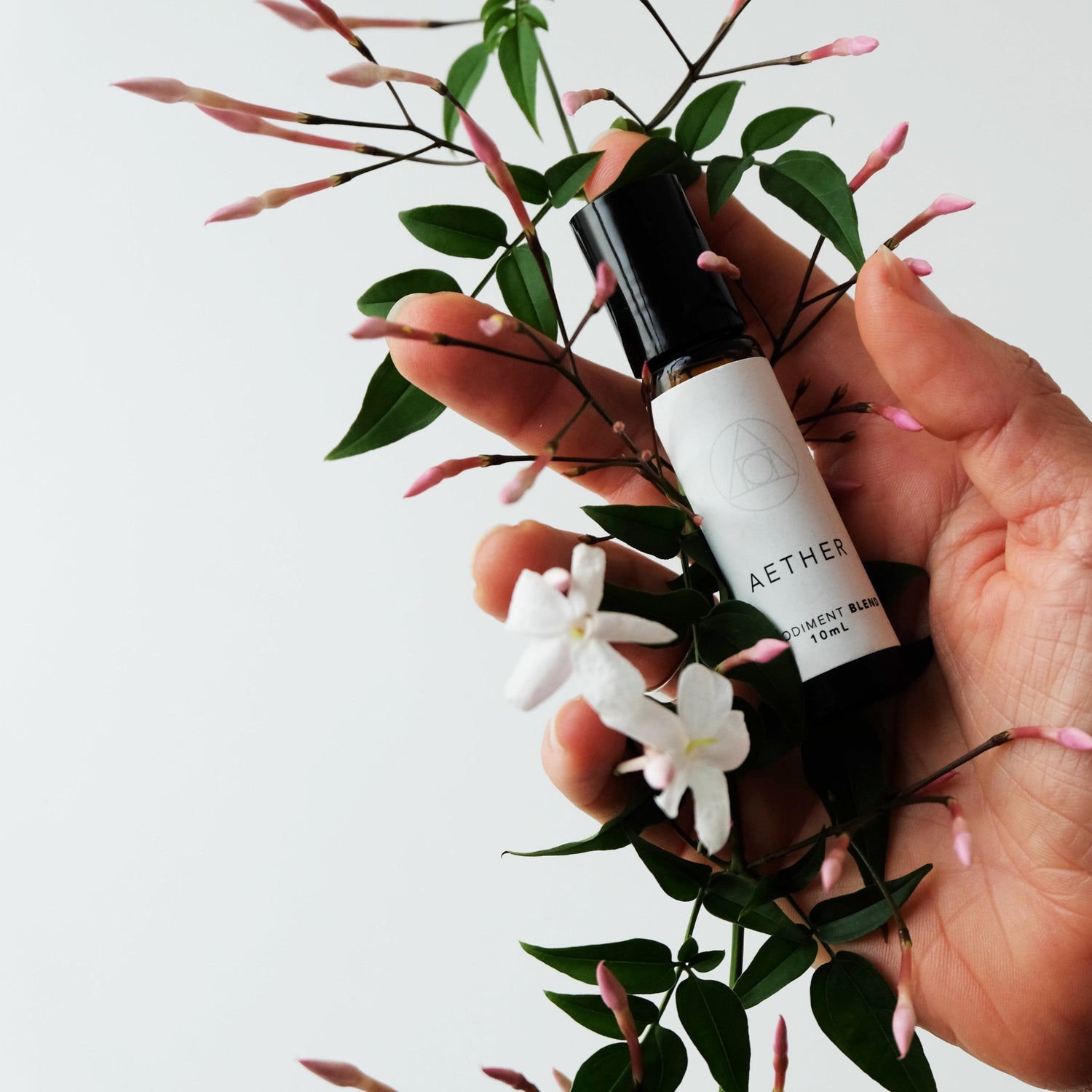Chantals hand holder a sprig of blossoming jasmine and a bottle of aether blend.