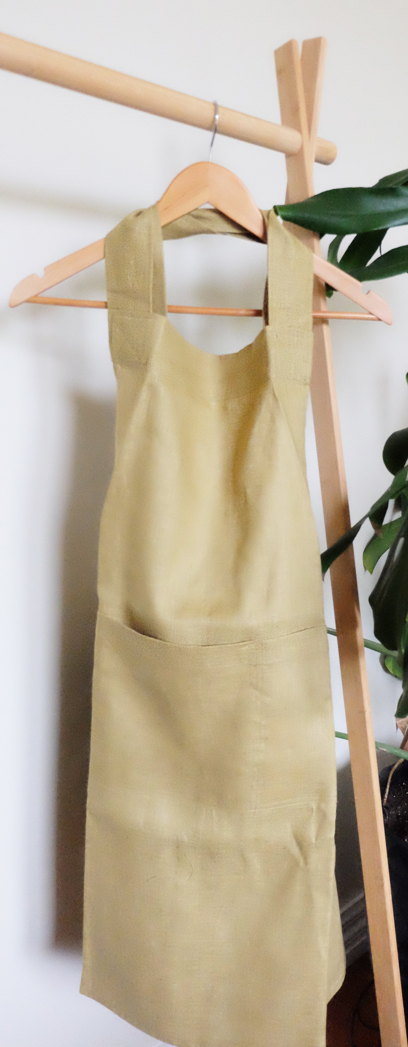 Beige apron hanging on a wooden hanger against a white wall with a plant in the background.