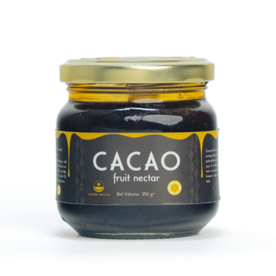 Jar of Cacao fruit nectar with a gold lid on a white background