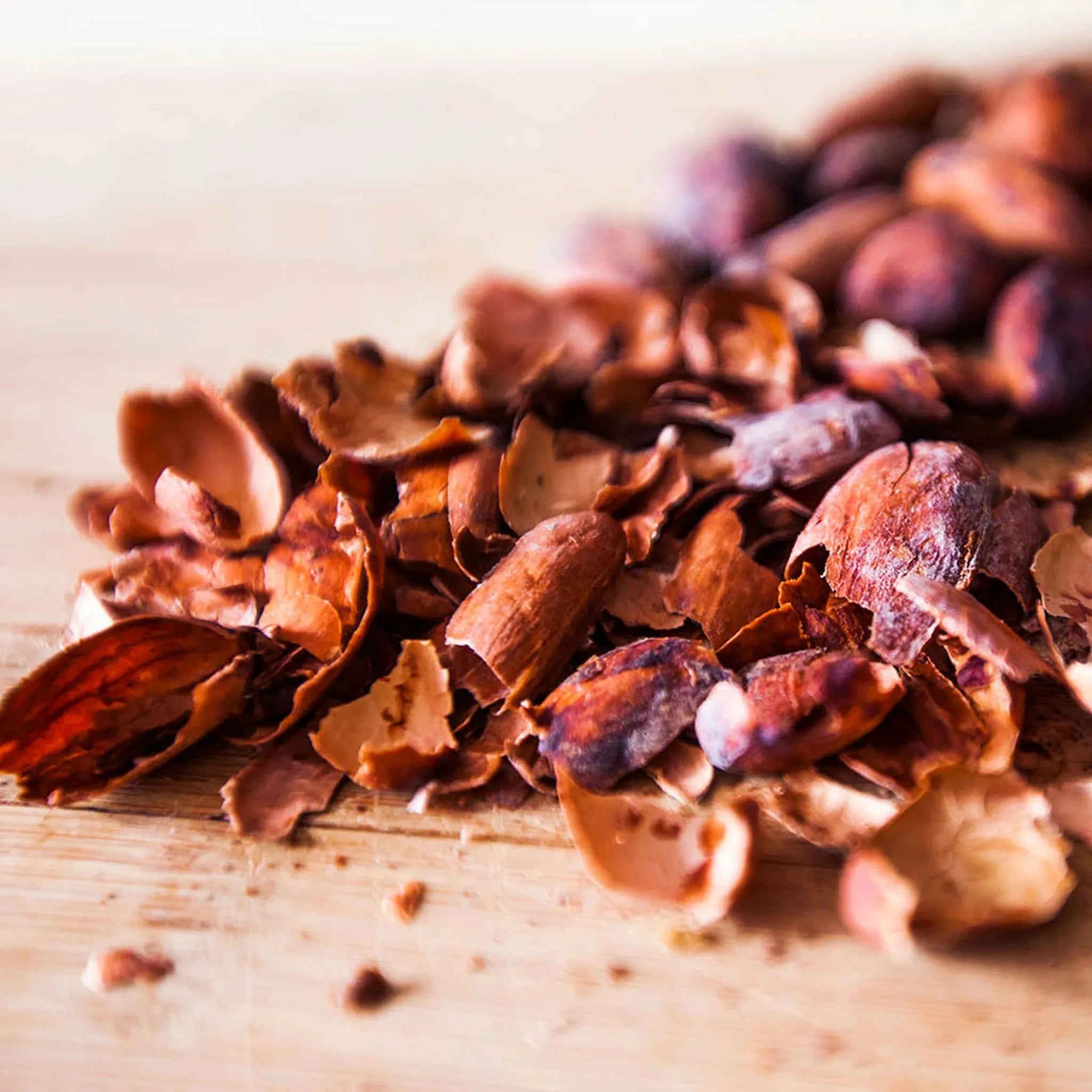 Cacao husks strewn on a wooden bench. 
