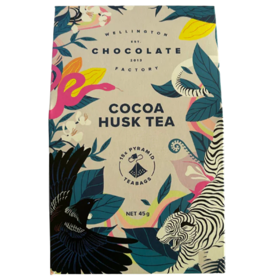A bag of cocoa husk tea bags by Wellington Chocolate Factory. 