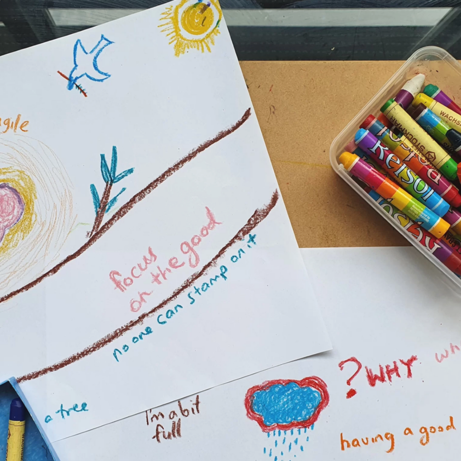 Artwork with colorful crayons on a table.