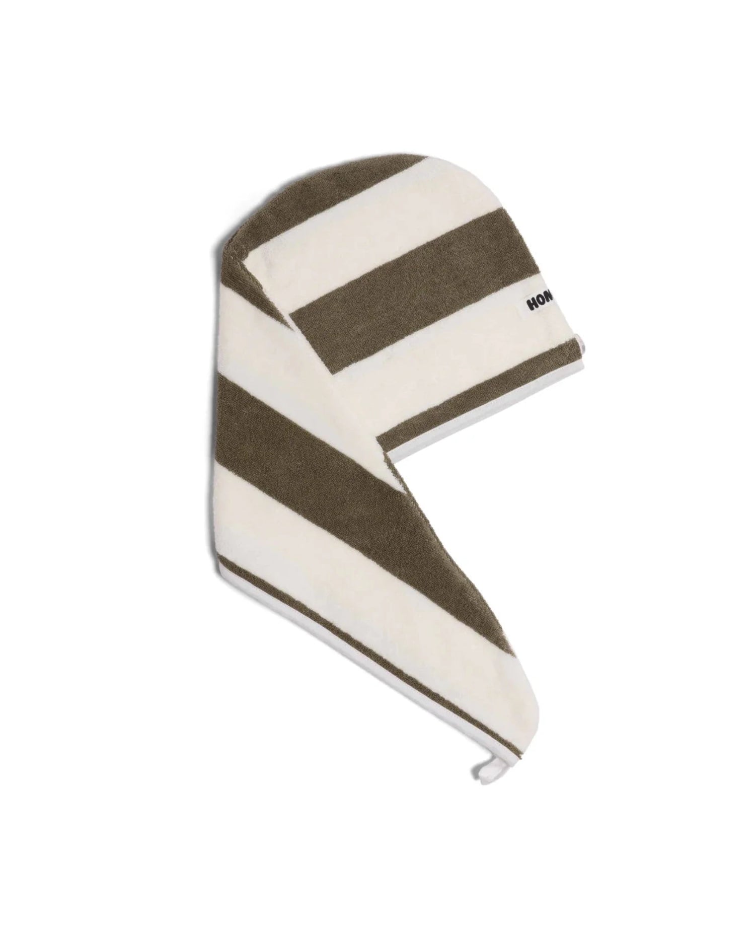 Striped head wrap with a brand logo on a white background
