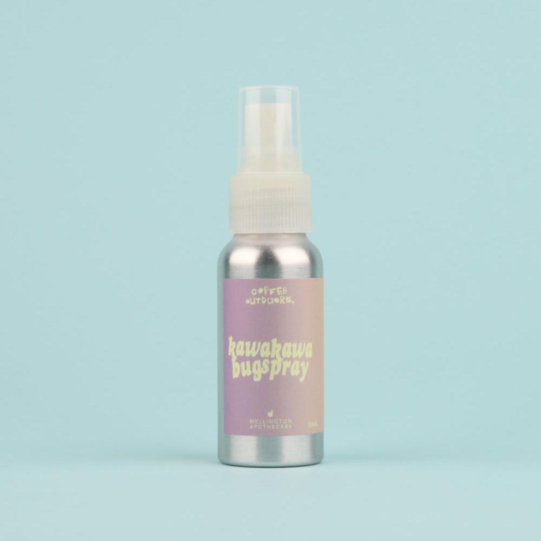 An aluminium bottle of Kawakawa Bug Spray on powder blue background. 
