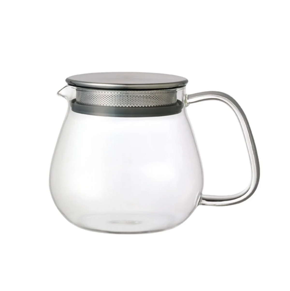 Clear glass teapot with a stainless steel mesh filter and metal handle on a white background.