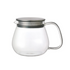 Clear glass teapot with a stainless steel mesh filter and metal handle on a white background.