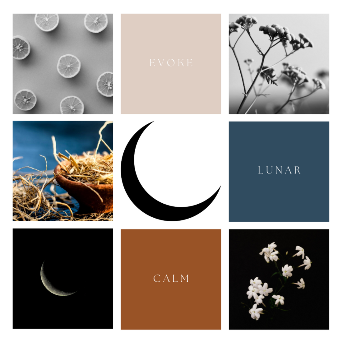 A nine grid collage with images of the crescent moon, jasmine flowers, vetiver roots, lemons and everlasting, with the words - evoke, lunar, calm. 