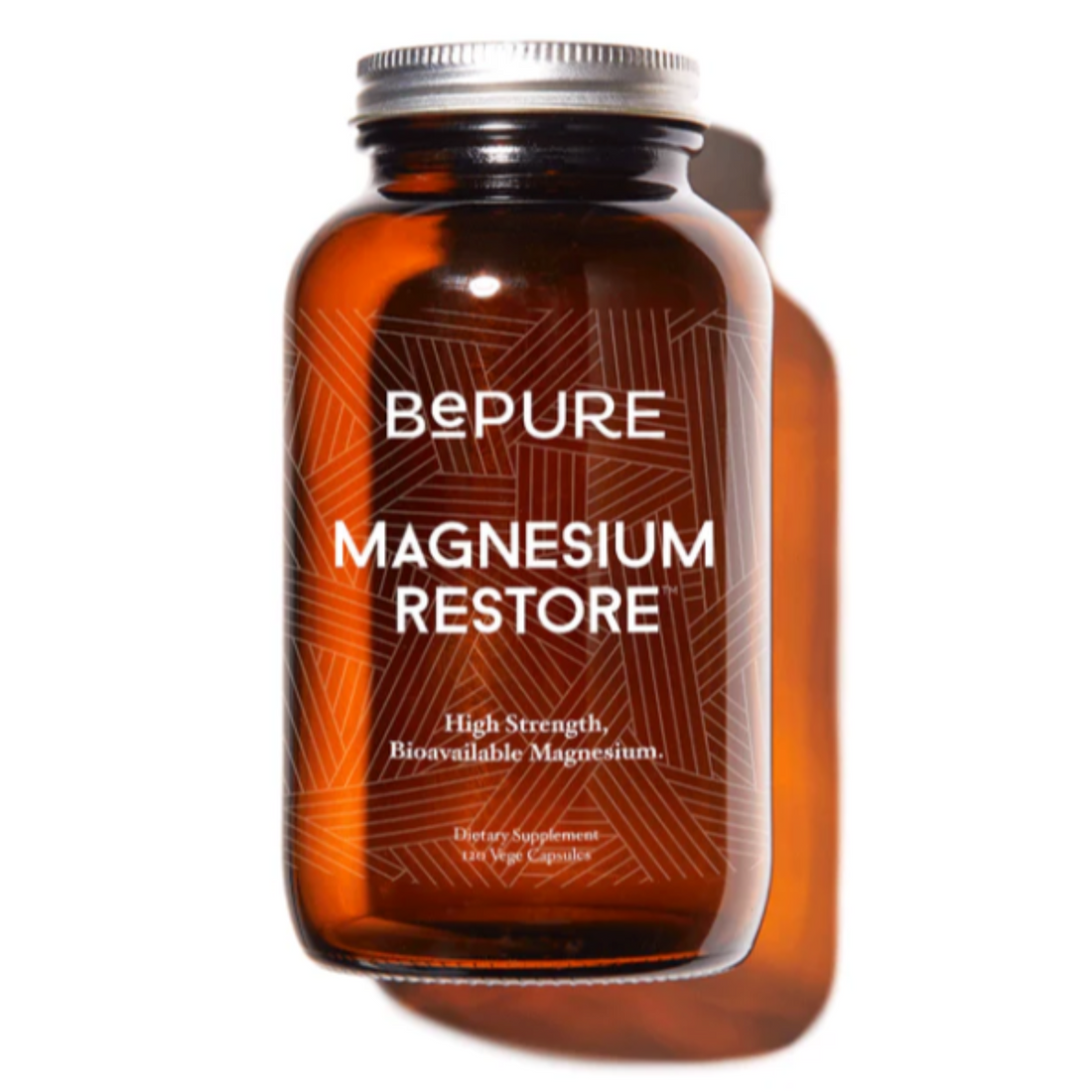 Bepure Magnesium Restore supplement in amber glass bottle on a white background