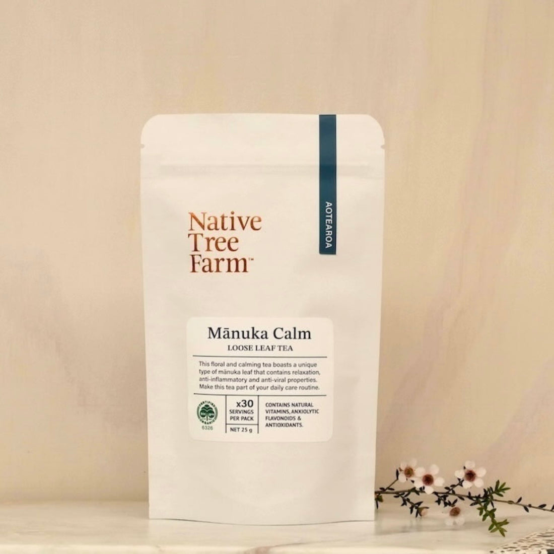 A white resealable bag of Mānuka Calm loose leaf tea by Native Tree Farm. 