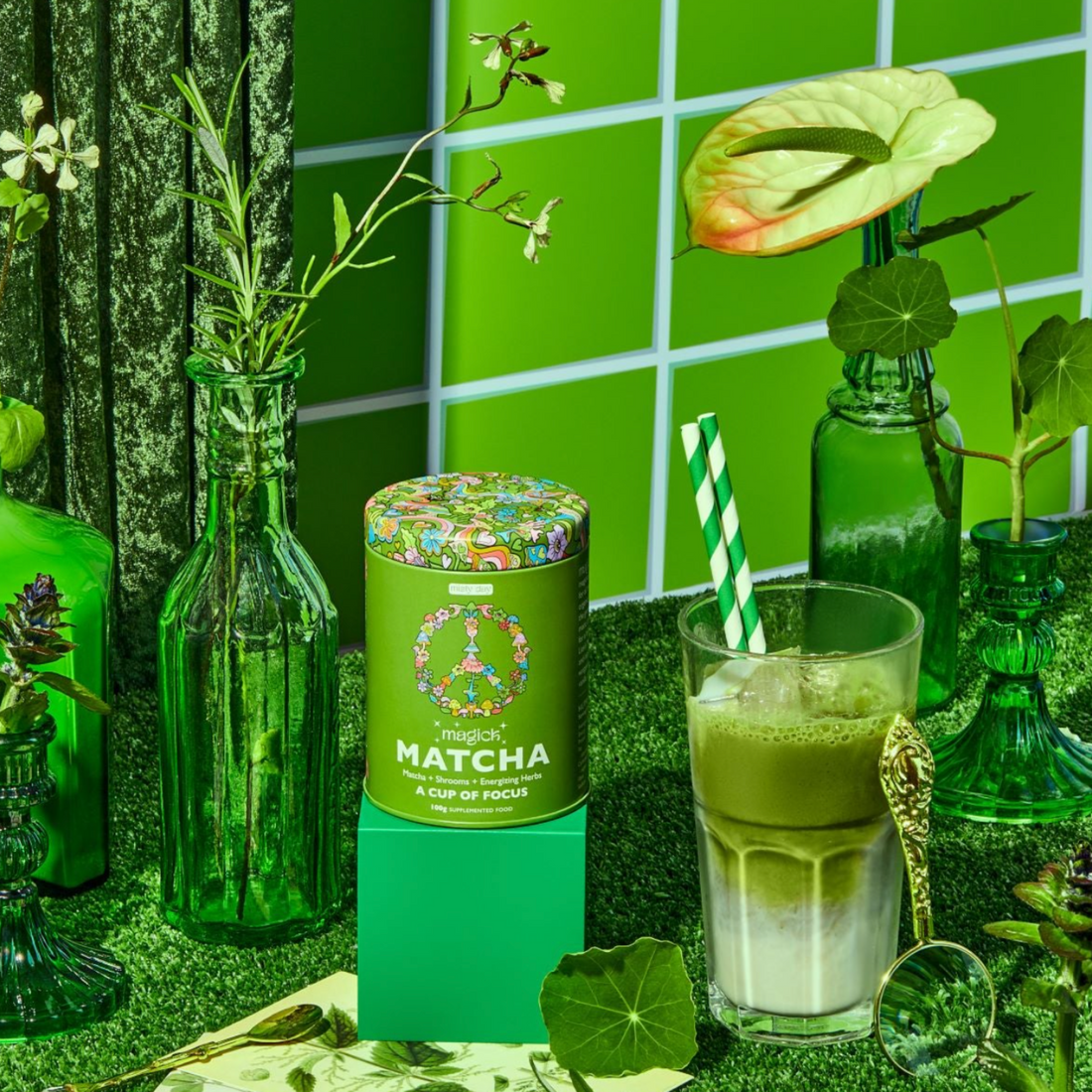 A very green scene containing matcha powder blend by Misty Day.