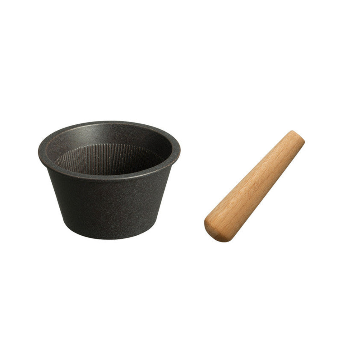A black ceramic mortar and bamboo pestle on white background.