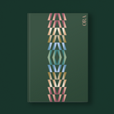 Book with geometric design on a dark green background