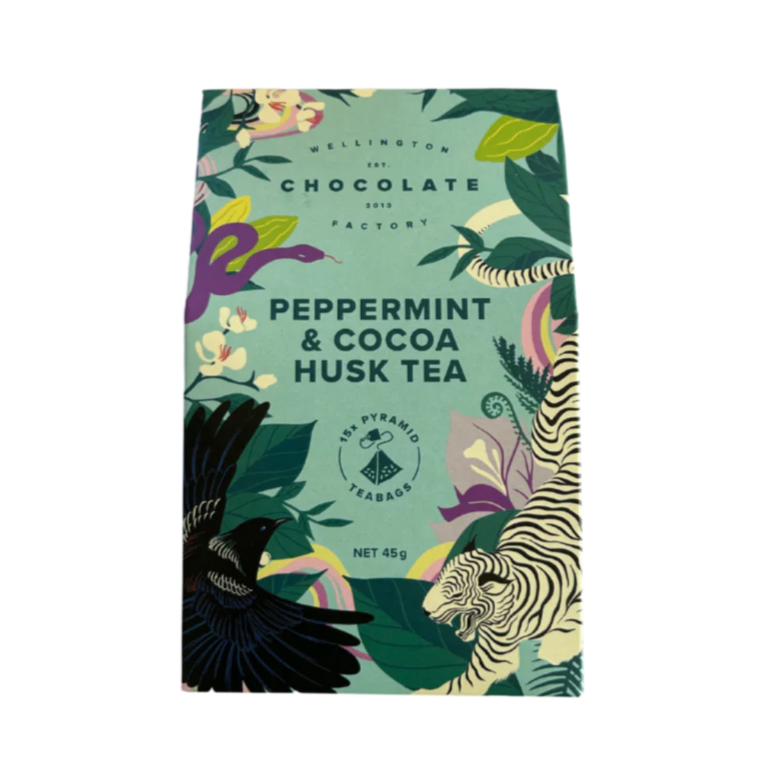 Peppermint and cocoa husk tea package with a colourful design featuring animals and text on a white background