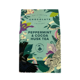 Peppermint and cocoa husk tea package with a colourful design featuring animals and text on a white background