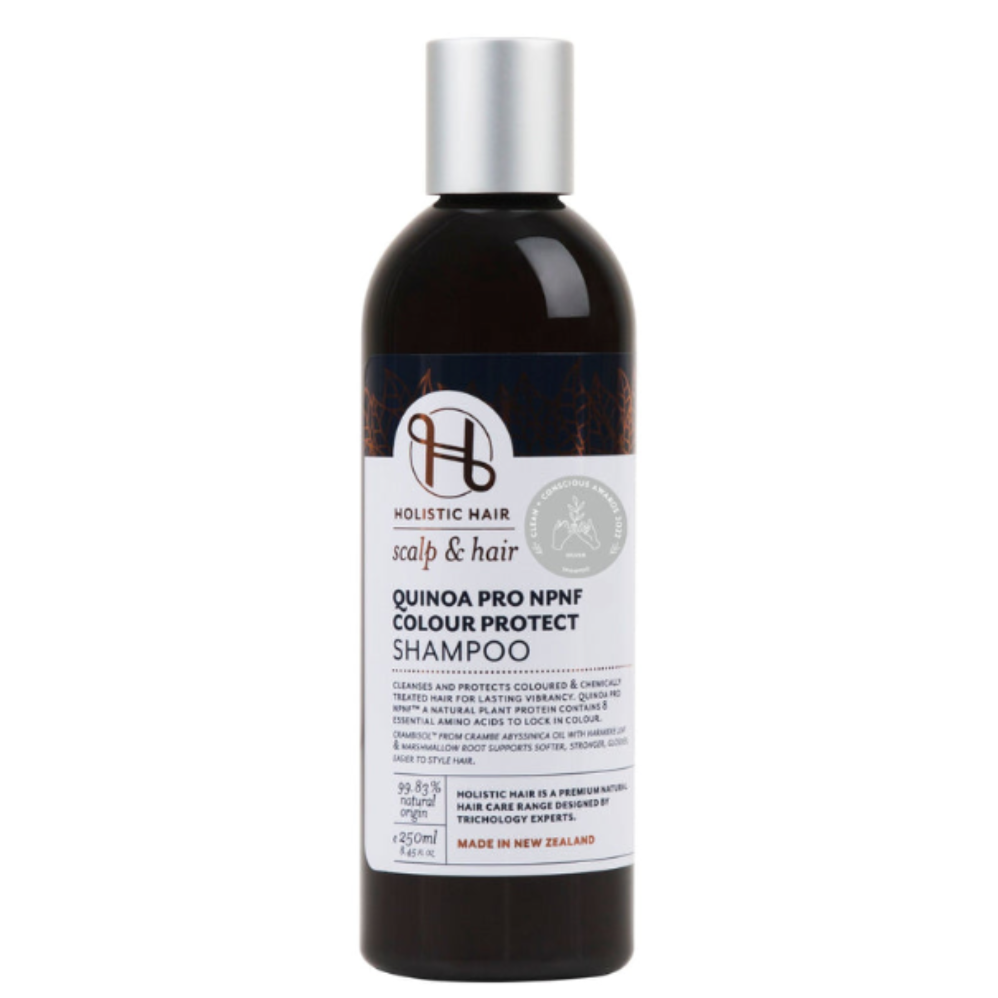 250mL brown bottle of Quinoa Shampoo by Holistic Hair.