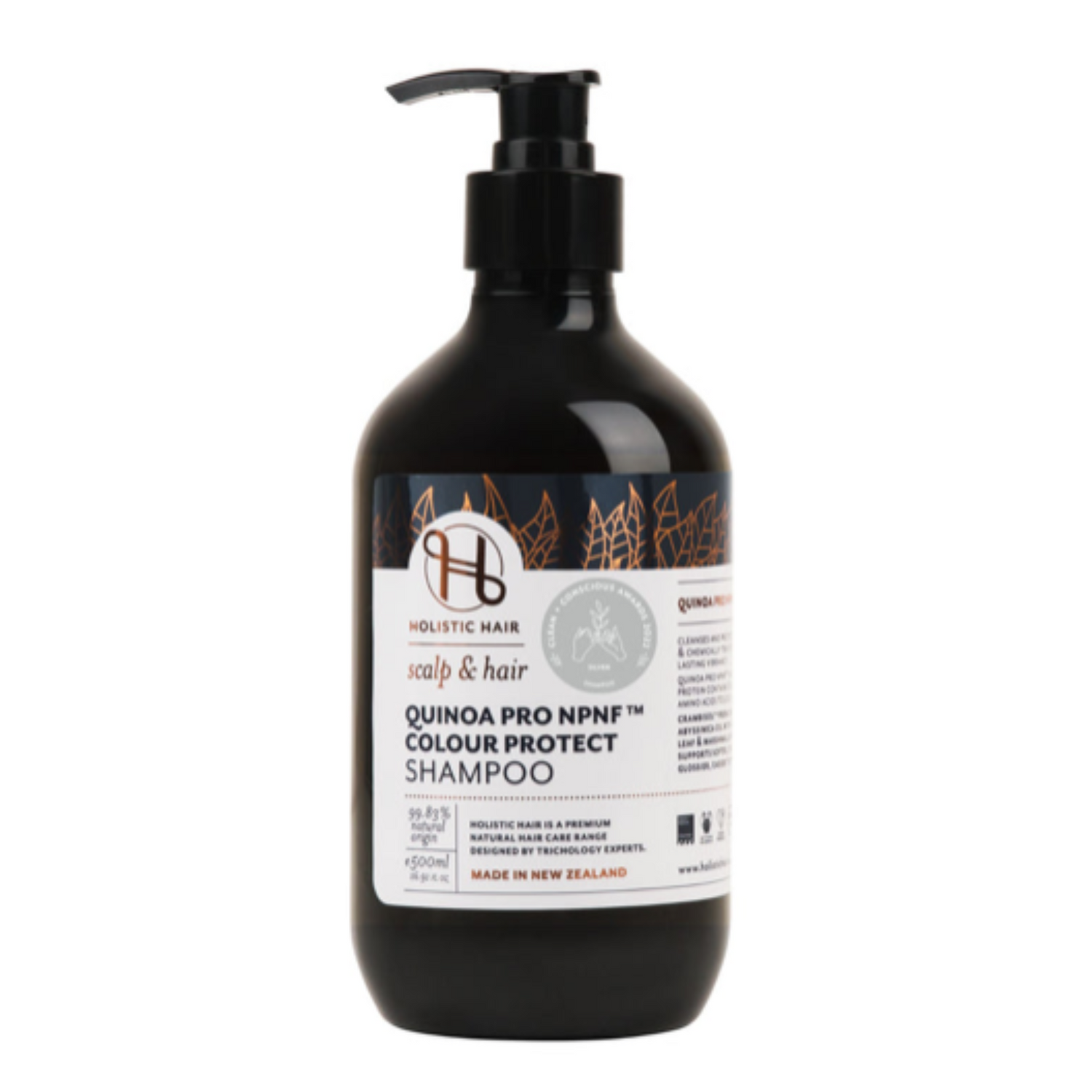 500mL brown bottle of Quinoa Shampoo by Holistic Hair.