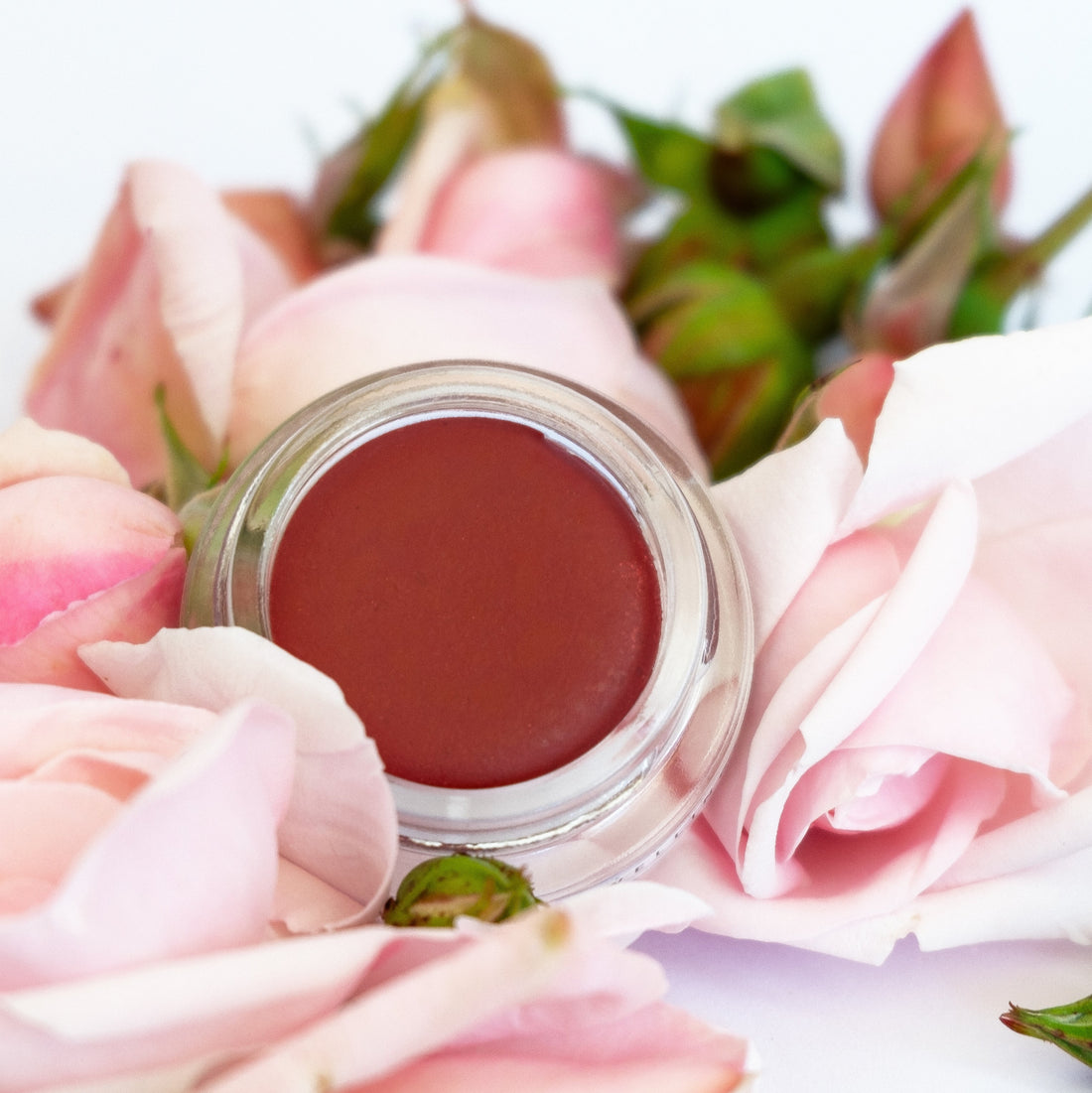 A small glass pottle of Rosa lip tint surrounded by blush coloured roses.