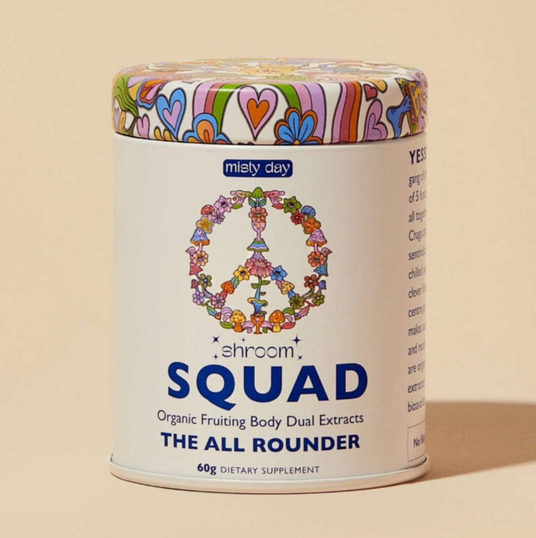 A tin of medicinal mushroom powder blend by Misty Day. 