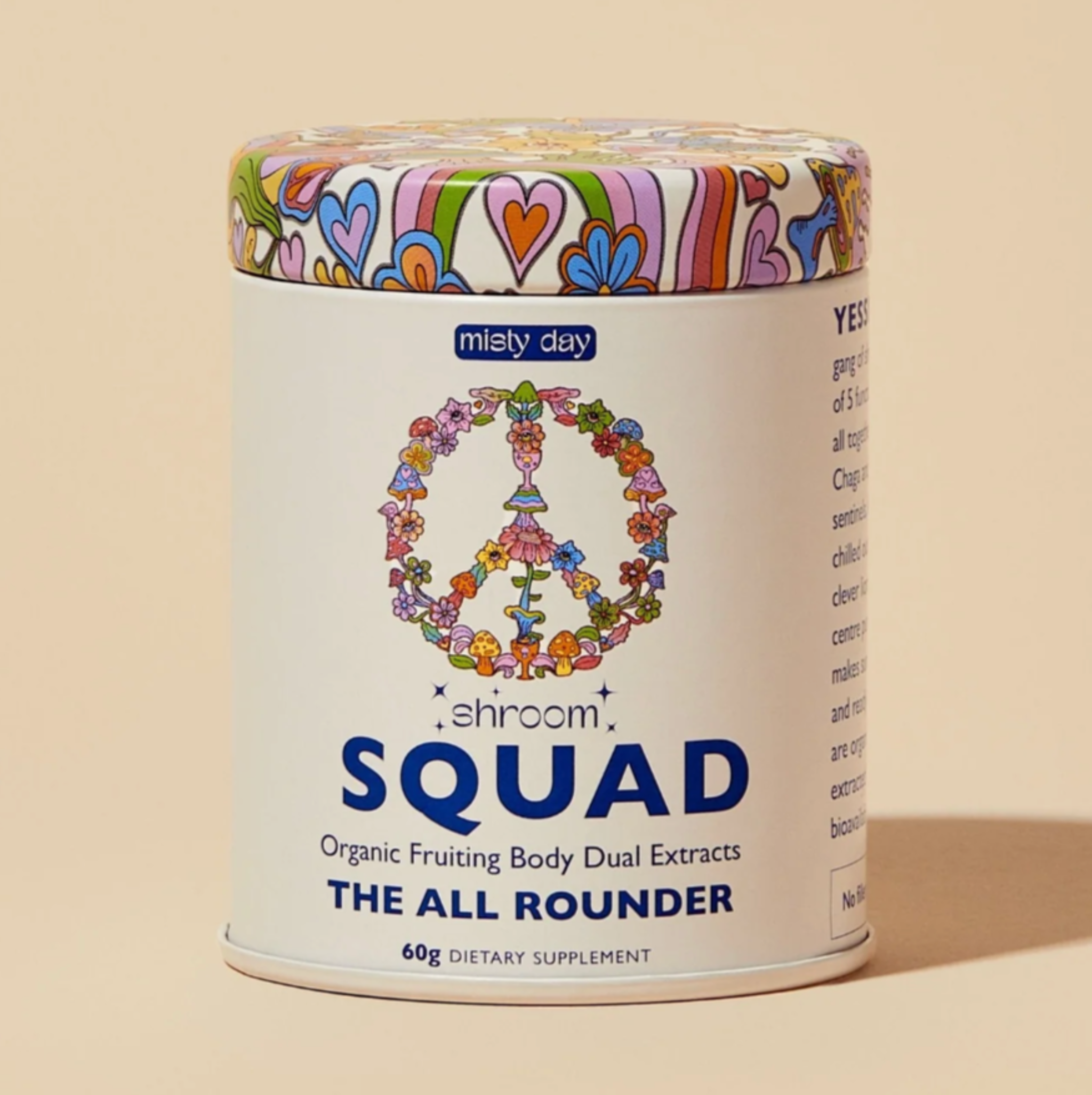 A tin of medicinal mushroom powder blend by Misty Day. 