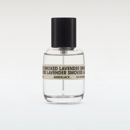 Clear perfume bottle with black cap and label on a white background