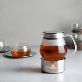 Tea set with glass teapot and cup on a light surface